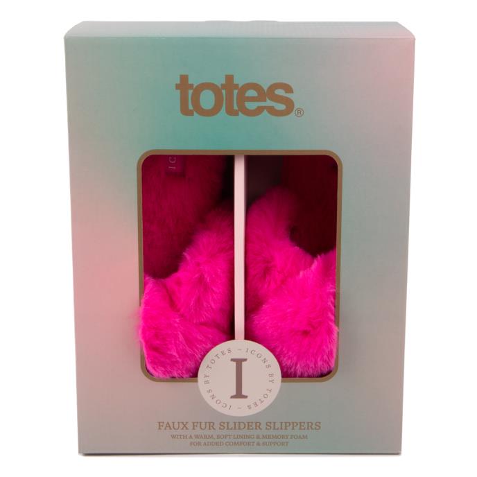 totes Ladies Icons Plush Faux Fur Cross Over Sliders Bright Pink Extra Image 7